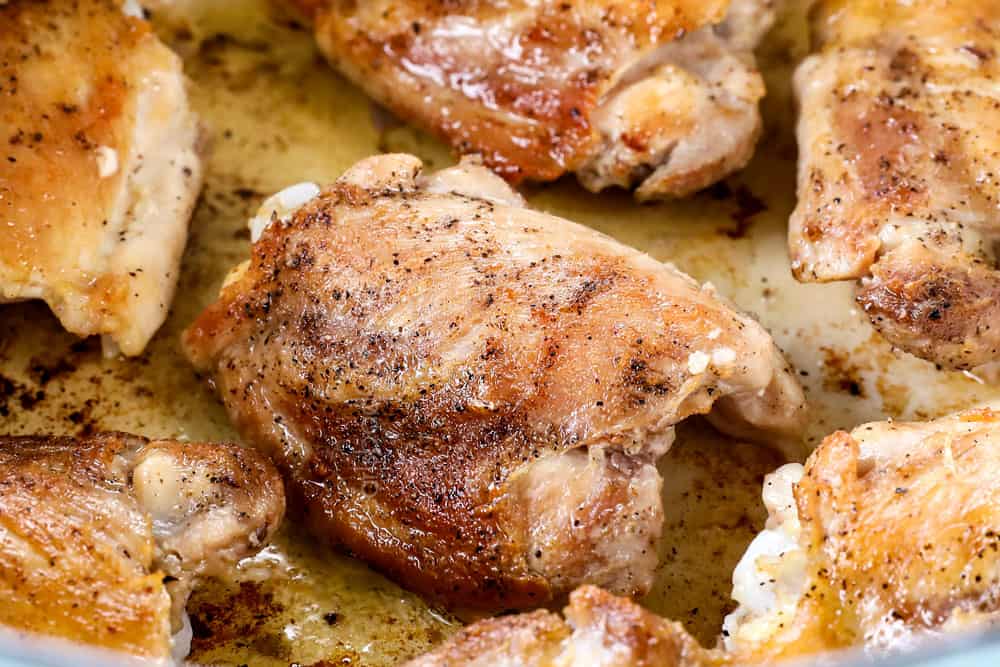 showing how to make birria tacos by searing chicken until golden