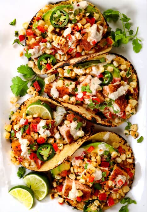 top view of easy fish taco recipe with salmon served with fish sauce