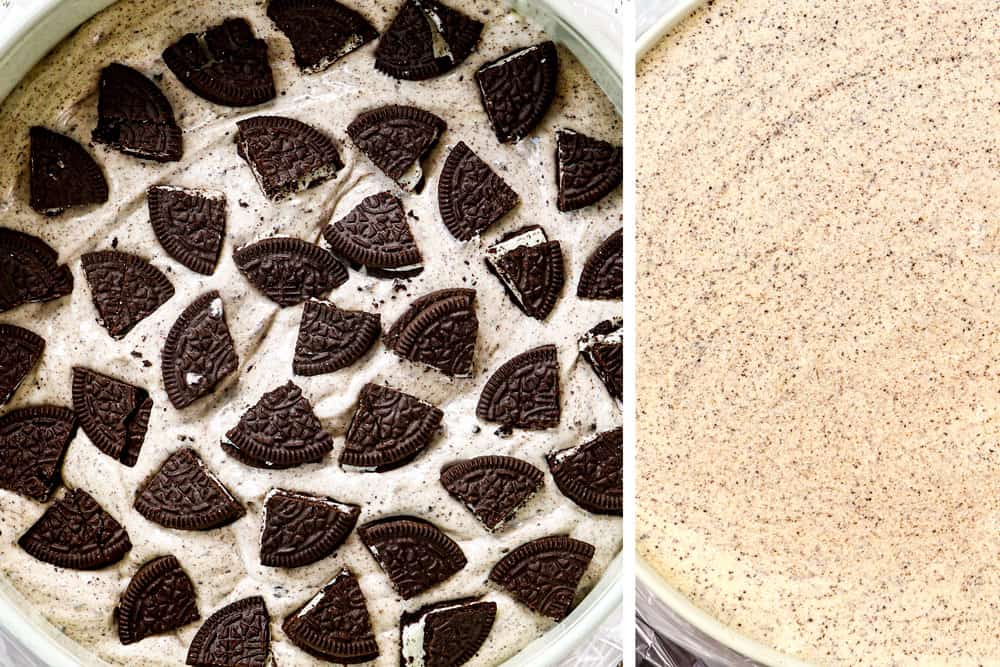 a collage showing how to make Oreo cheesecake recipe by adding ⅓ filling to spingform pan, adding crushed Oreos and then topping with remaining cheesecake