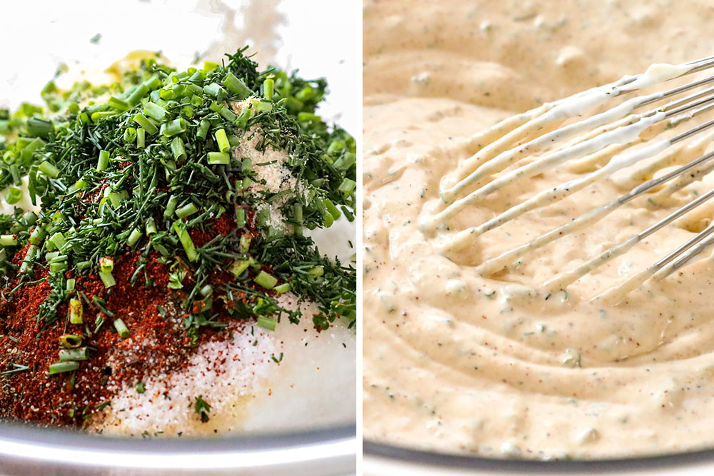 showing how to make bacon ranch pasta salad recipe by whisking all of the homemade ranch salad dressing ingredients together in a mixing bowl