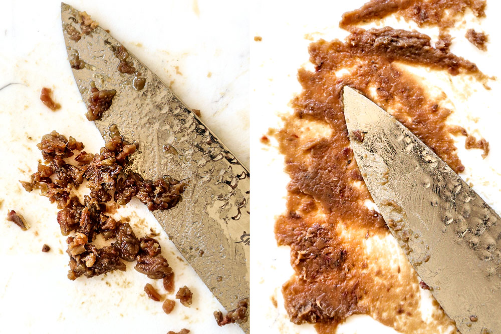 showing how to make Chicken Caesar Salad by mincing then mashing the anchovies for the homemade Caesar Salad Dressing