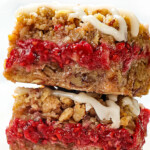 up close or raspberry crumble bars with oats, pecans and fresh raspberries