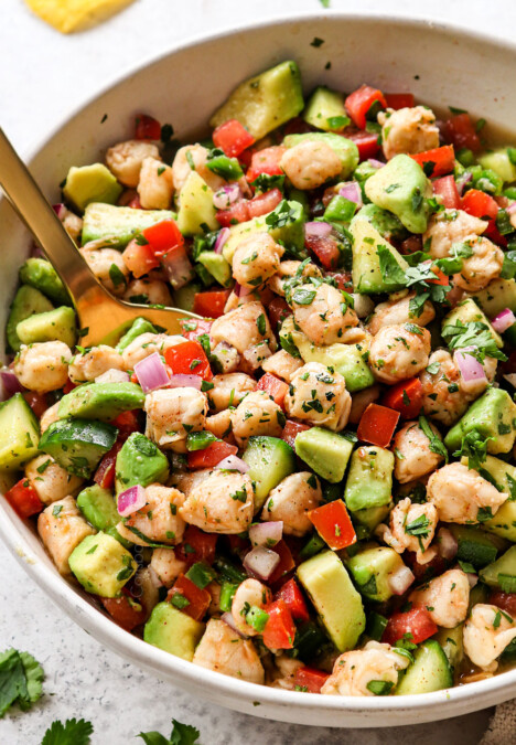 a bowl ceviche de camaron (shrimp ceviche) with tomatoes, cucumbers, avocados, red onions, jalapenos and cilantro