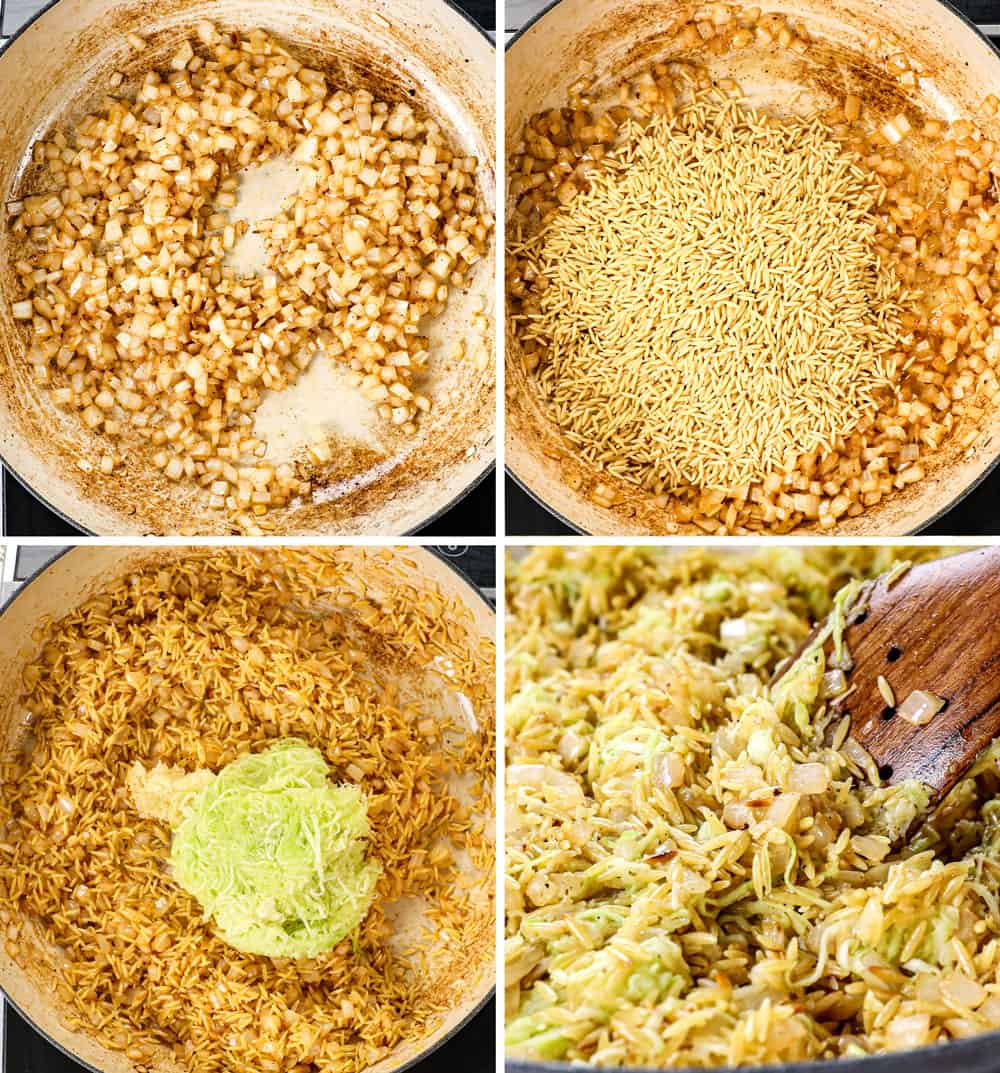 a collage showing how to make lemon chicken orzo by 1) sautéing onions, 2), sautéing orzo, adding zucchini, sautéing garlic in a pot