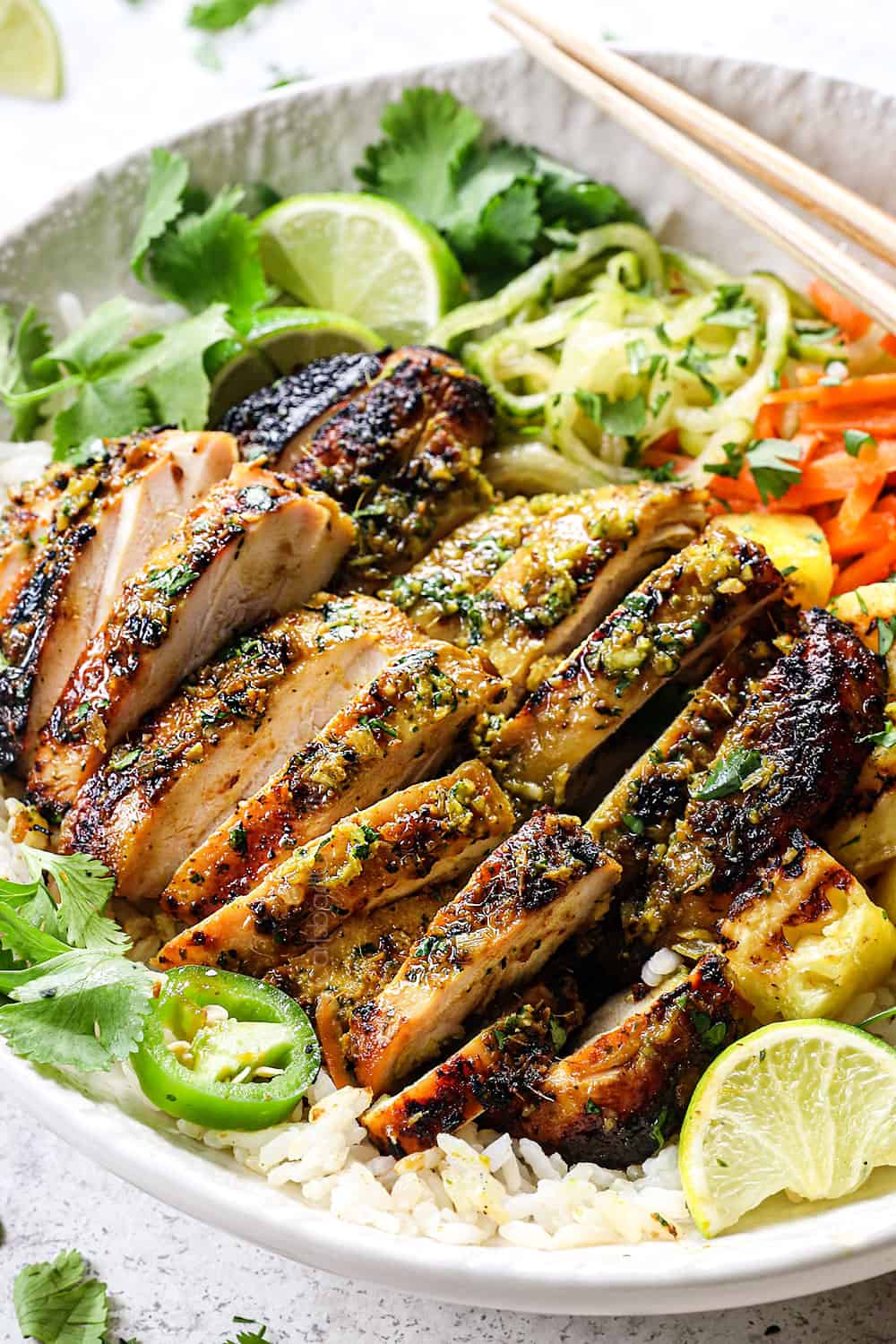 up close of sliced Thai chicken showing how juicy and tender it is