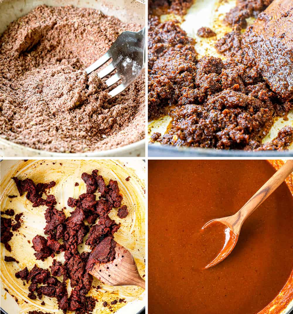a collage showing how to make baked enchilada meatball recipe by mixing seasonings together, sautéing the spices, sautéing the tomato paste, adding the chicken broth and simmering until thickened