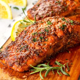 side view of salmon on cedar planks showing how moist it is