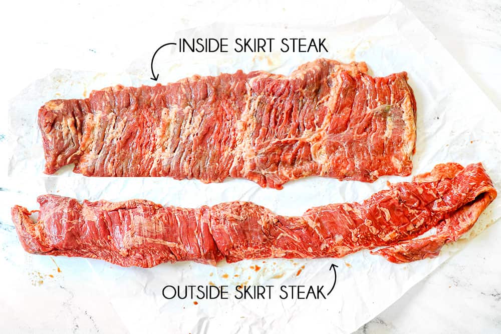 showing the how to cook skirt steak by showing the difference between outside skirt steak and inside skirt steak lying next to each other
