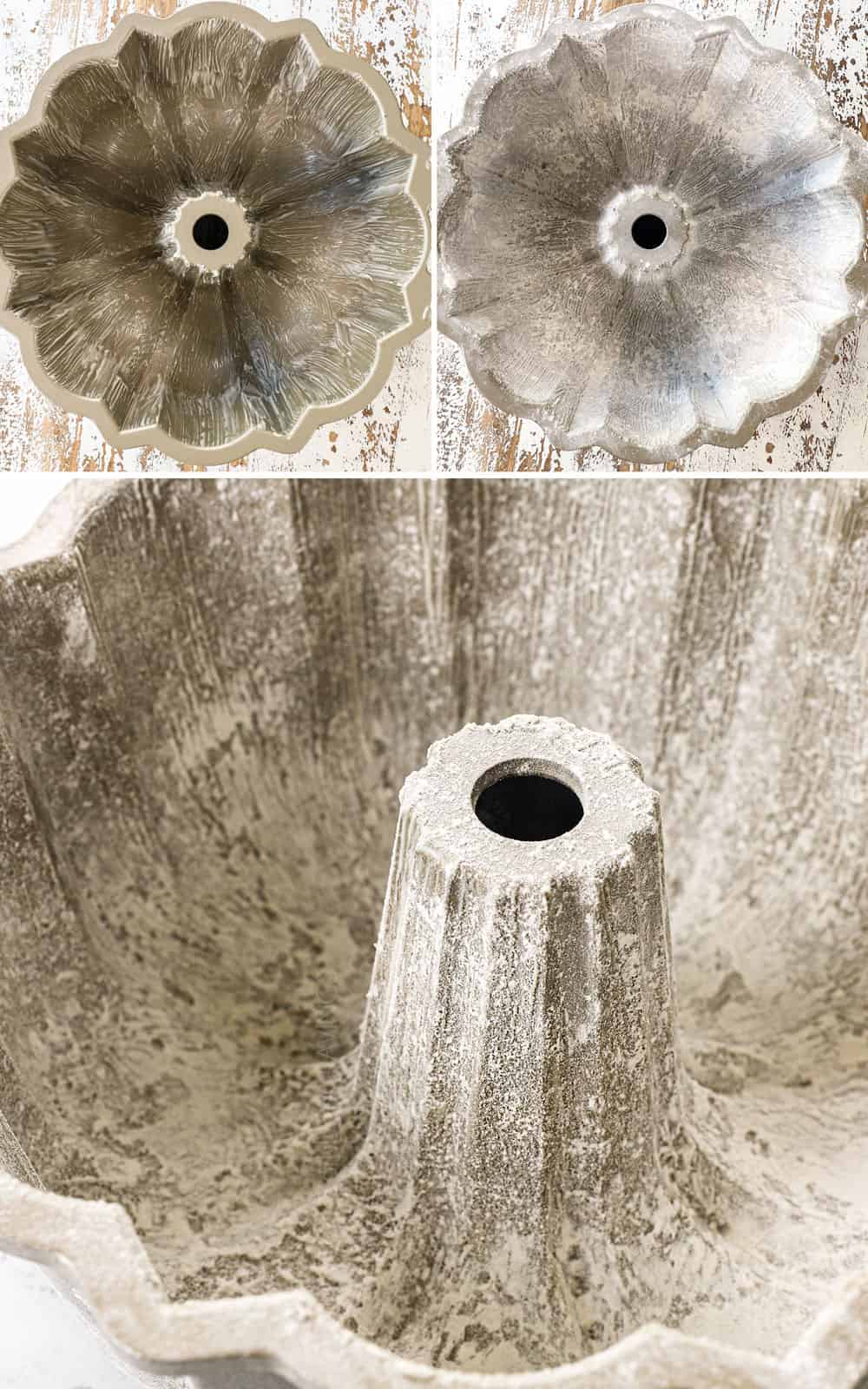 showing how to grease and flour the bundt cake pan to make the peach pound cake recipe