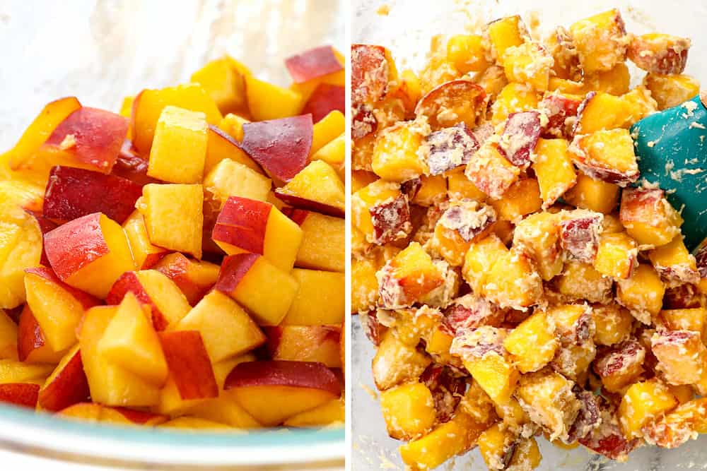 showing how to make peach cobbler pound cake recipe by chopping peaches then tossing with flour in a glass bowl