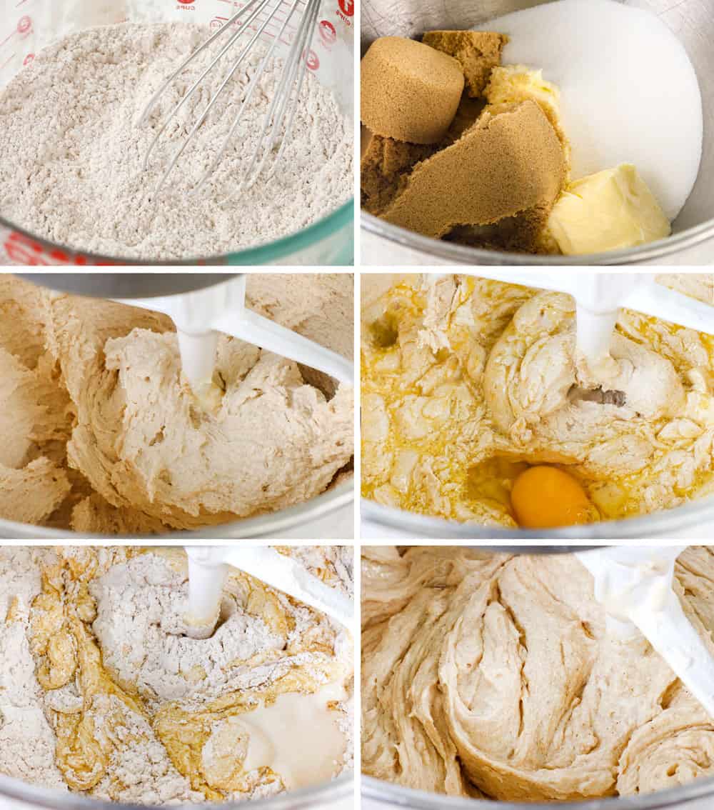 a 6 photo collage showing how to make peach cake recipe by 1) mixing dry ingredients together in a measuring cup, 2) adding sugars and butter to mixer, 3) creaming butter and sugars, 4) adding the eggs, 5) adding the dry ingredients and buttermilk, 6) mixing until combined