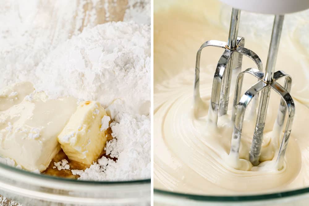 a collage showing how to make frosting for peach cobbler pound cake by beating butter, cream cheese, sugar and milk together until creamy