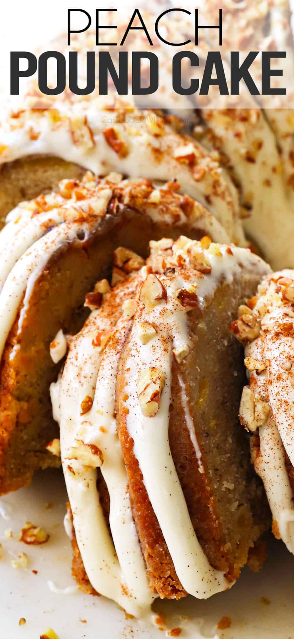 peach cobbler pound cake sliced showing how moist and tender it is