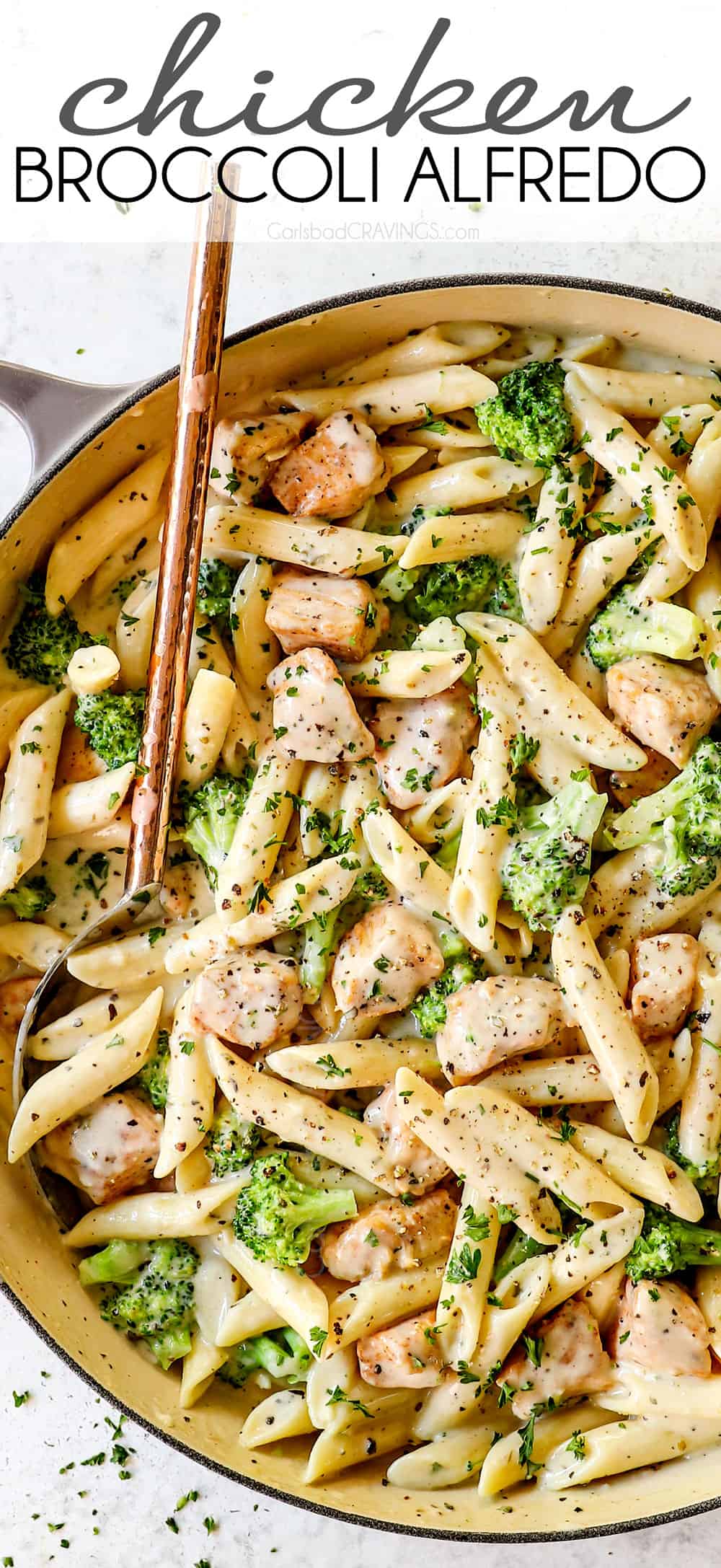 top view of chicken broccoli alfredo recipe in a pan showing how creamy the pasta is