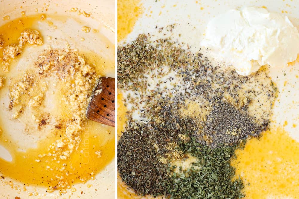 showing how to make Chicken Broccoli Alfredo recipe by making homemade Alfredo sauce by sautéing garlic then adding heavy cream