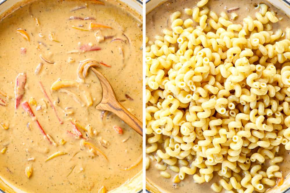 a collage showing how to make Jerk Chicken Pasta (Rasta Pasta) by simmering sauce until thickened, then stirring in cheese and then pasta