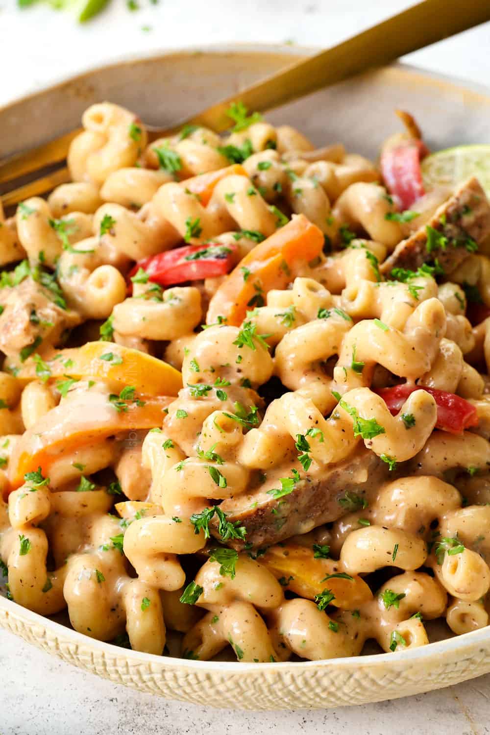 up close of Jerk Chicken Pasta (Rasta pasta) showing how creamy the pasta is