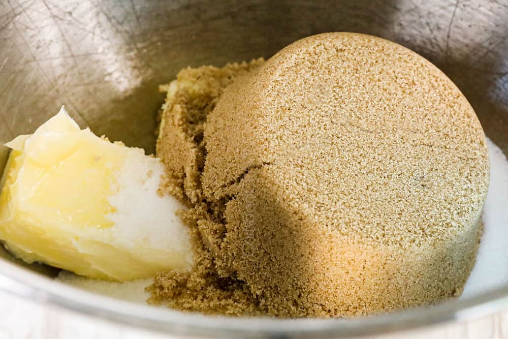showing how to make pumpkin snickerdoodles by creaming butter, brown sugar and granulated sugar together