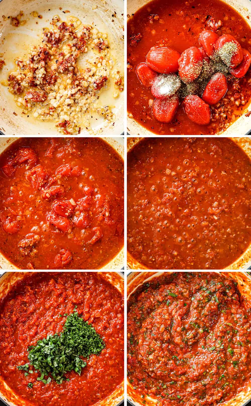a collage showing how to make arrabiata sauce by sautéing garlic and red pepper flakes, adding San Marzano tomatoes, simmering until thickened, then stirring in fresh basil