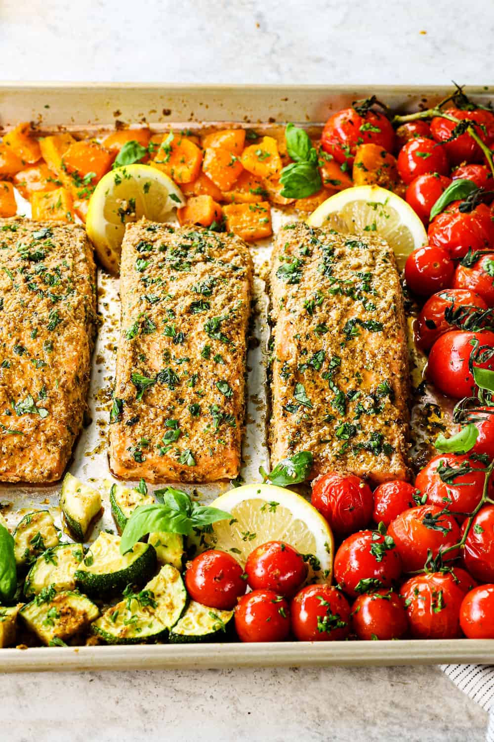 salmon pesto on a baking sheet