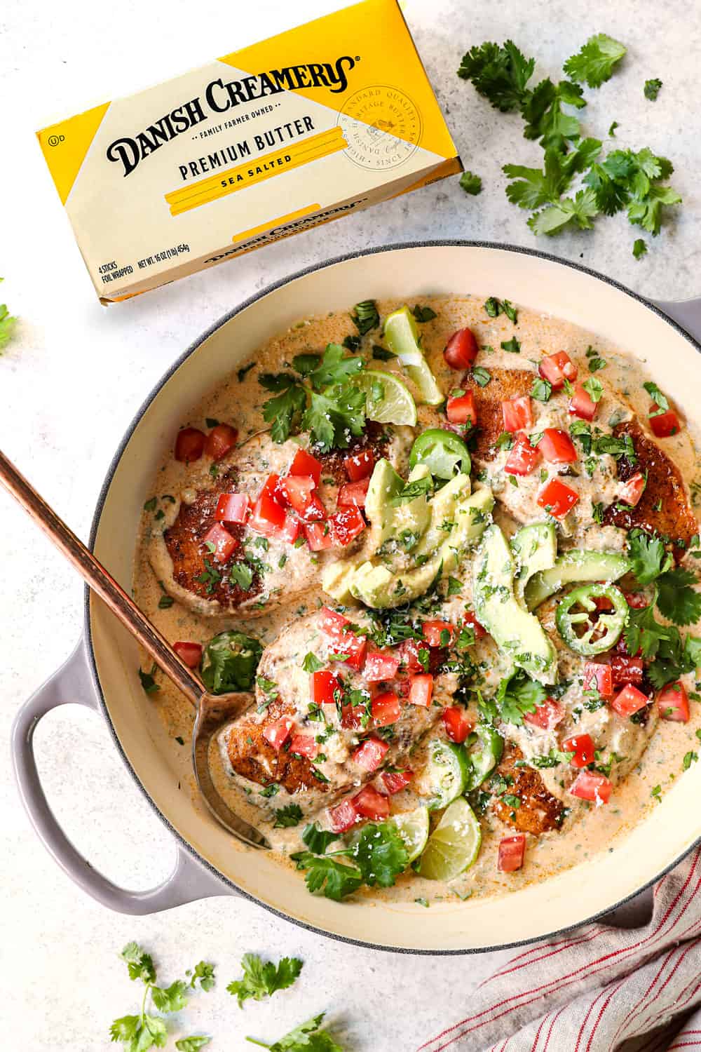 top view of smothered chicken with creamy sauce