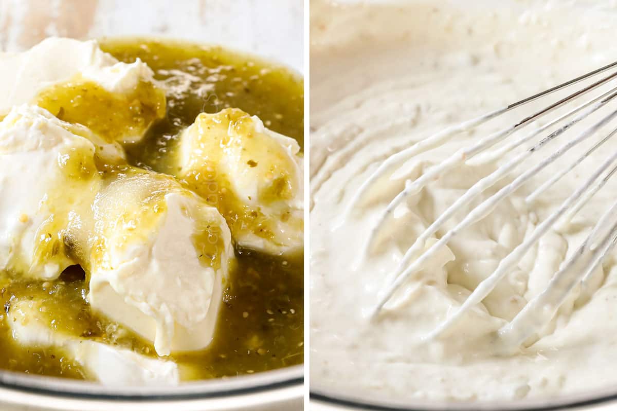 a collage showing how to make taco lasagna by making creamy filling by whisking together salsa verde, sour cream and cream cheese