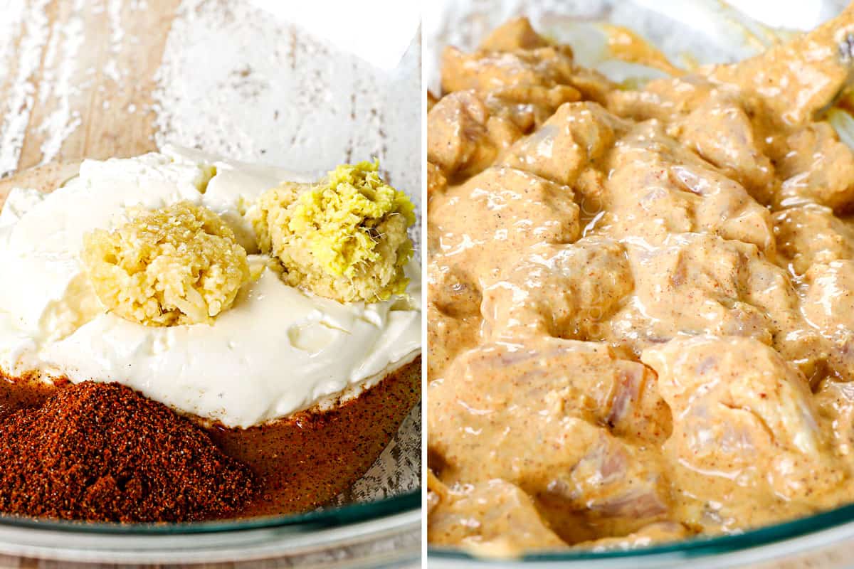 a collage showing how to make Chicken Tikka Masala recipe by making the chicken marinade by whisking together yogurt, garlic, ginger, lemon juice and spices