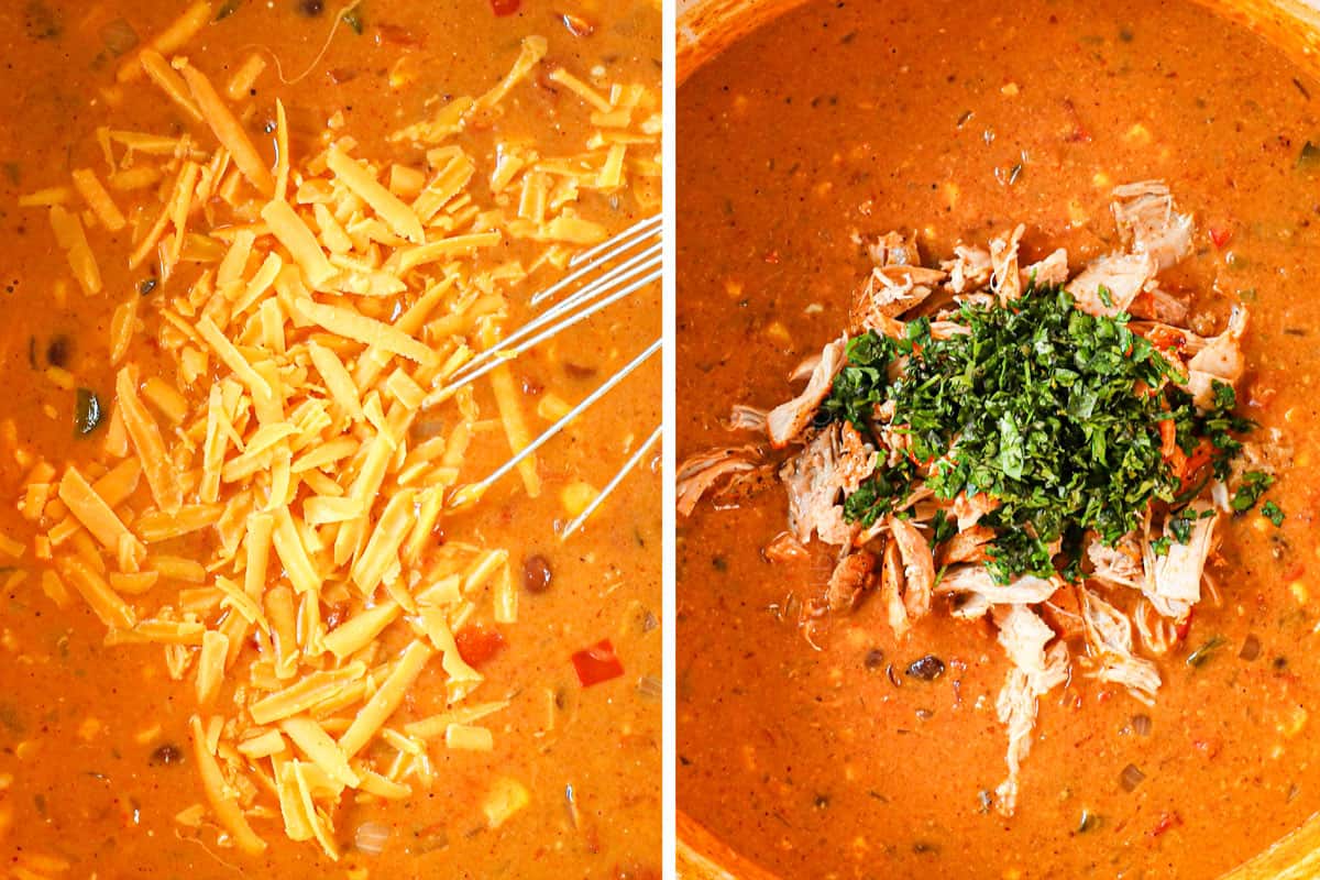 a collage showing how to make creamy chicken tortilla soup by stirring in cheese until melted followed by shredded chicken, cilantro and lime juice