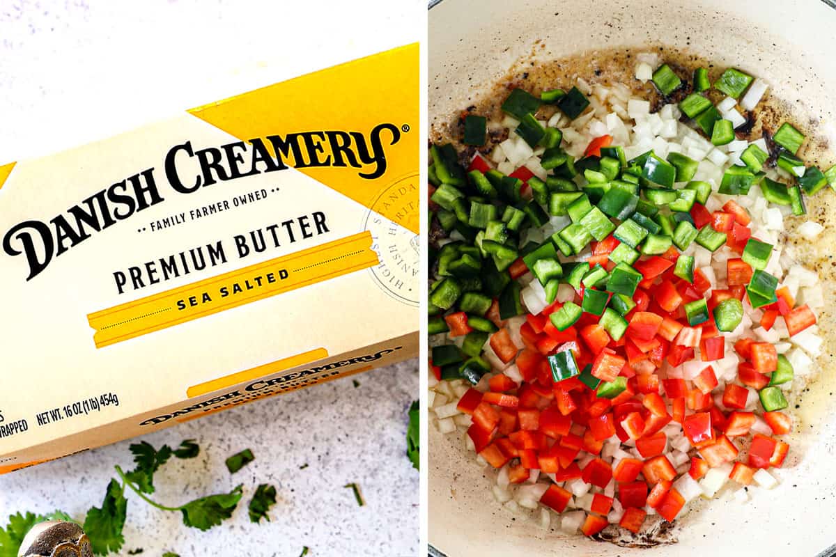 showing how to make creamy chicken tortilla soup by sautéing onions, bell peppers and poblano pepper in butter