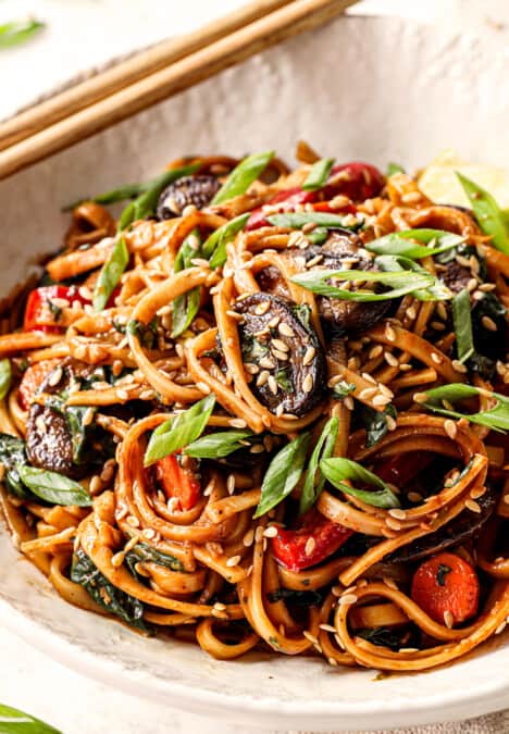 serving udon noodle stir fry in a bowl garnished by green onions and sesame seeds