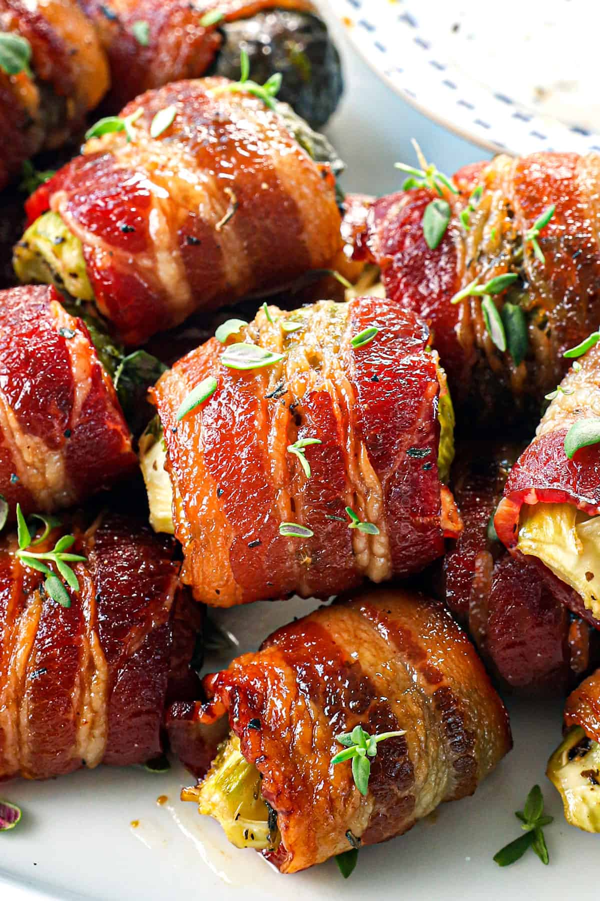 up close of Bacon Wrapped Brussels Sprouts showing how crispy they are