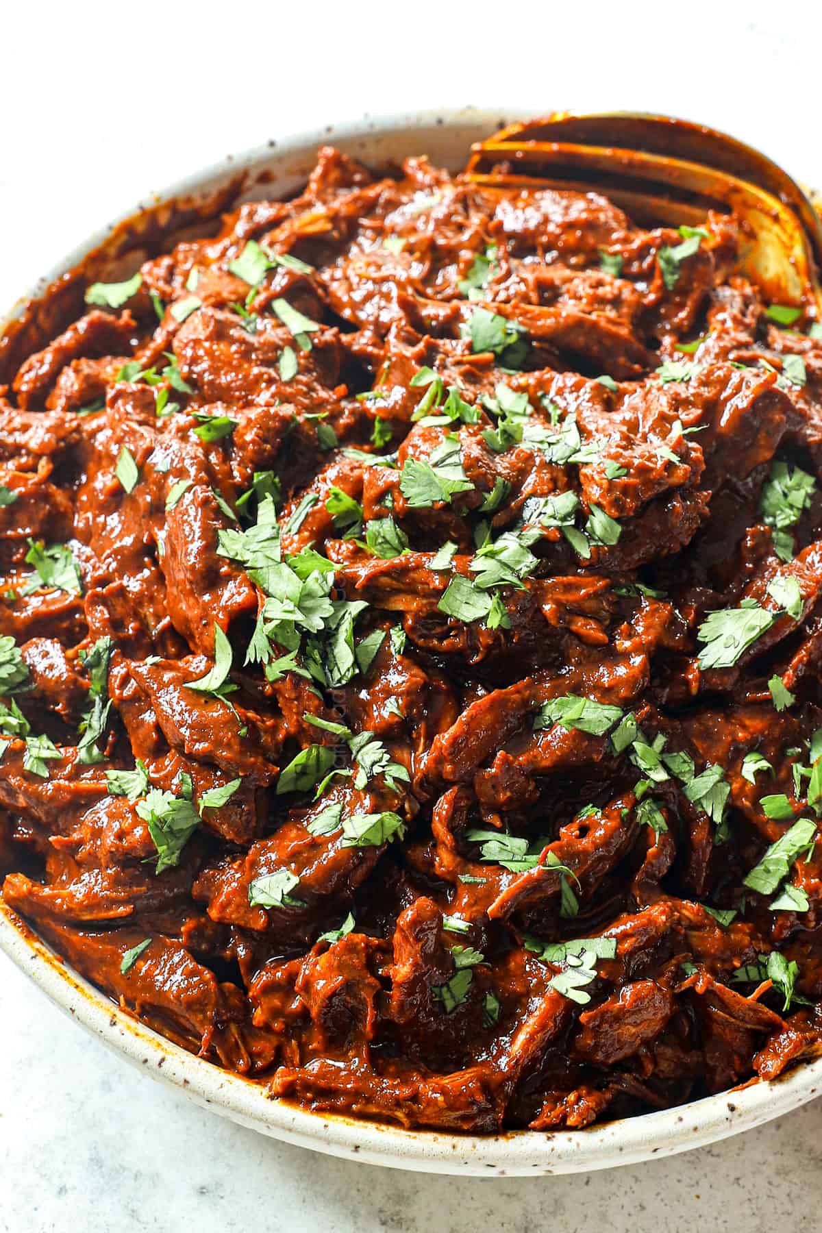 up close of showing how to make chicken mole enchiladas by stirring chicken in sauce