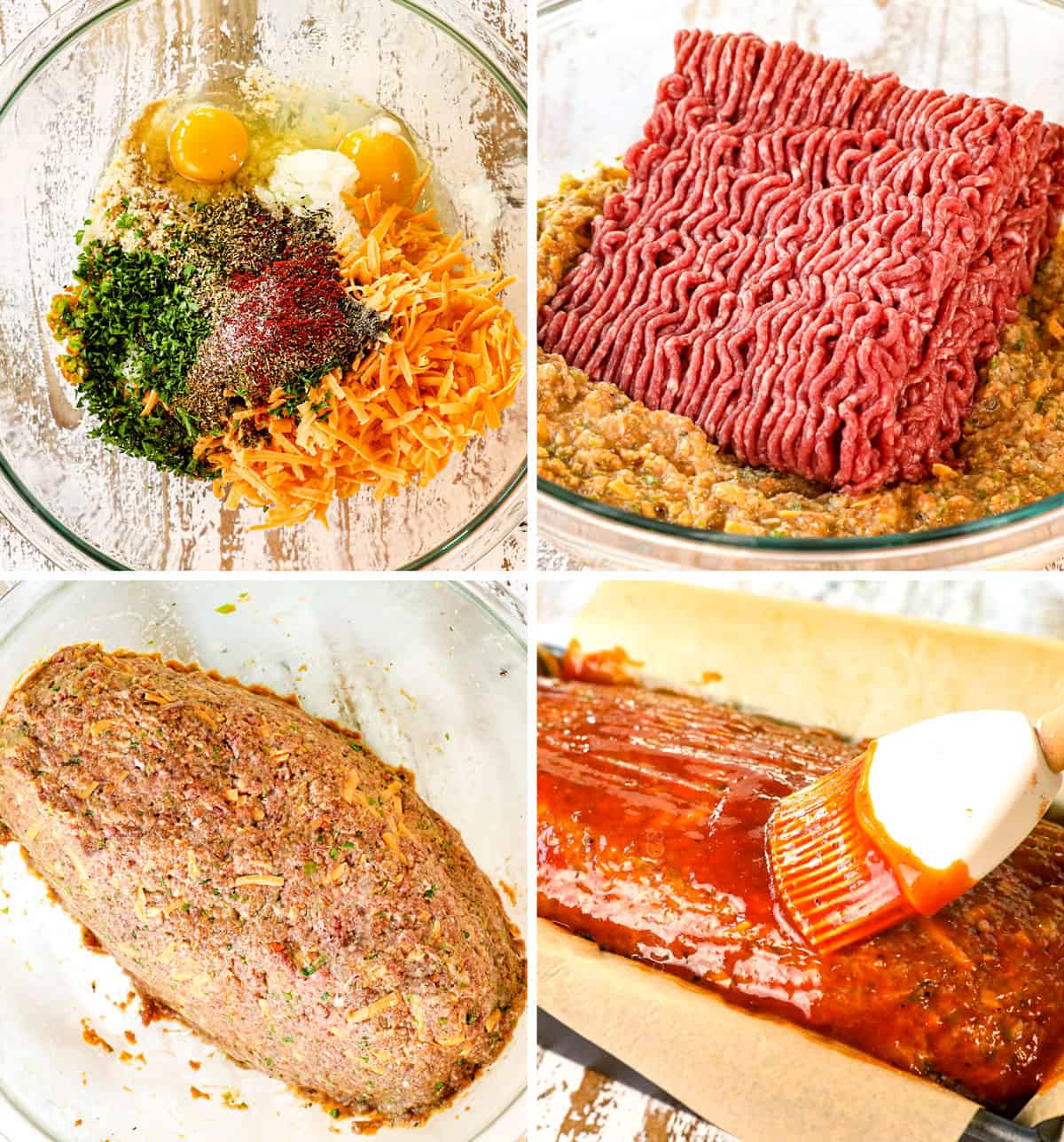 a collage showing how to make meatloaf by 1) mixing eggs, breadcrumbs, herbs, cheese and spices, 2) mixing in ground beef, 3) forming the meat into a loaf, 4) brushing with meatloaf glaze
