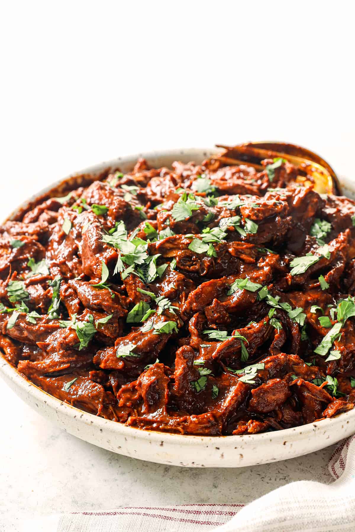 showing how to serve mole sauce recipe by combining it with chicken and garnishing with cilantro