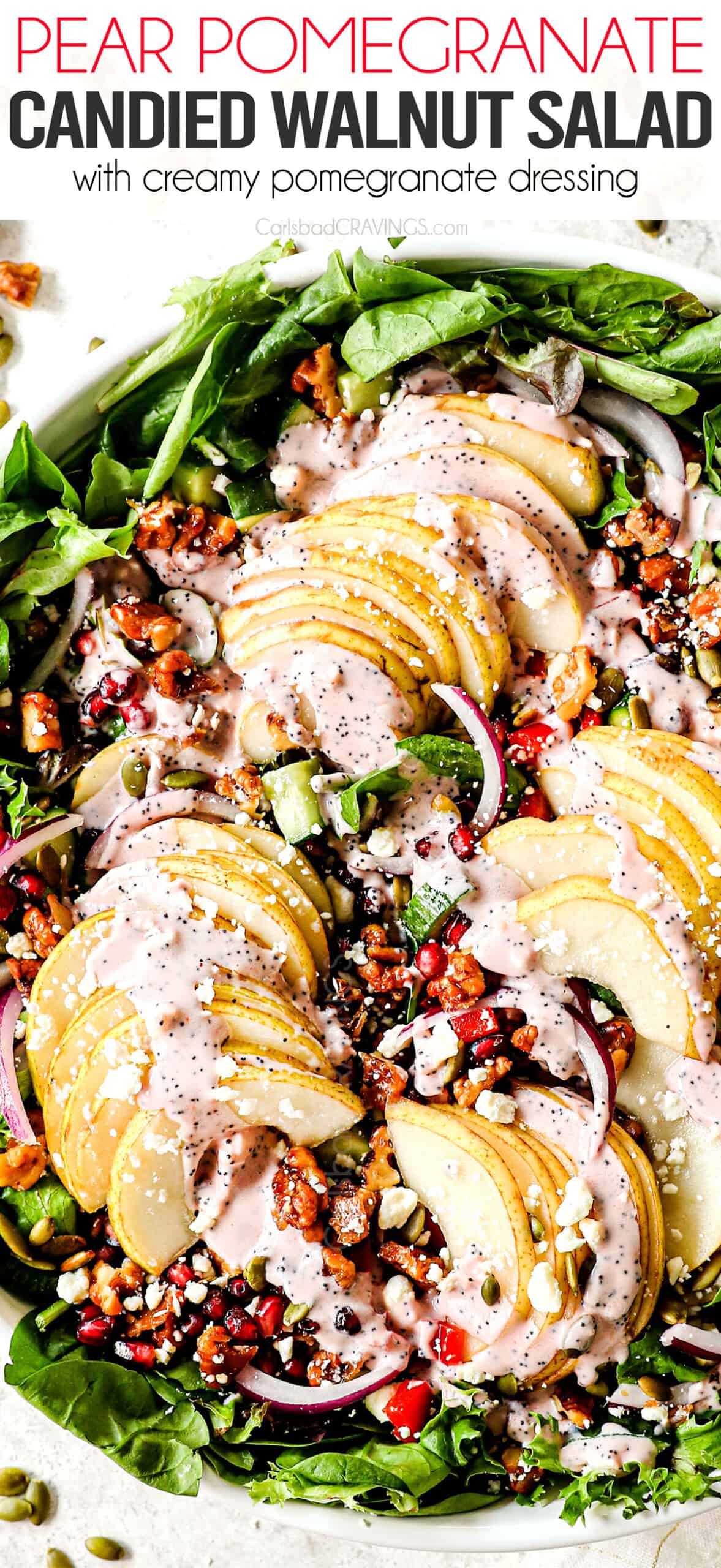 up close of serving pear salad with gorgonzola in a white bowl