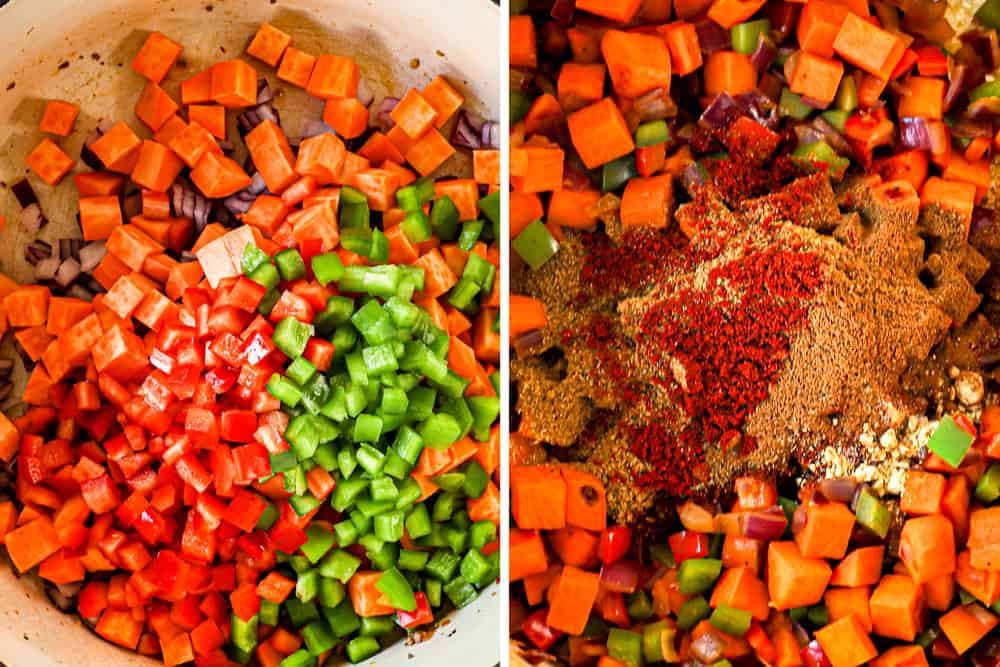 showing how to make pumpkin chili recipe by sautéing onions, bell peppers and garlic and then adding the chili seasonings