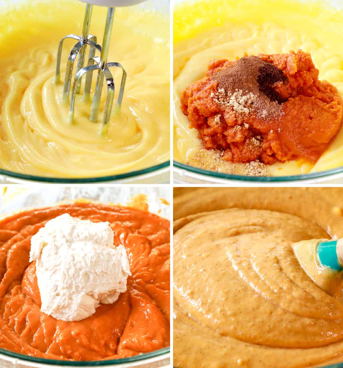 a collage showing how to make pumpkin delight (pumpkin lush) by beating pudding, adding pumpkin puree, adding whipped topping, then folding in