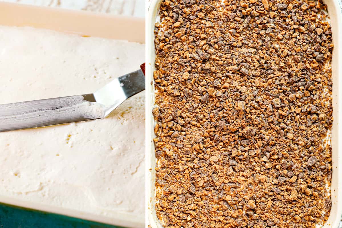 a collage showing how to make pumpkin delight (pumpkin lush) by spreading a layer of whipped topping on and topping with toffee bits