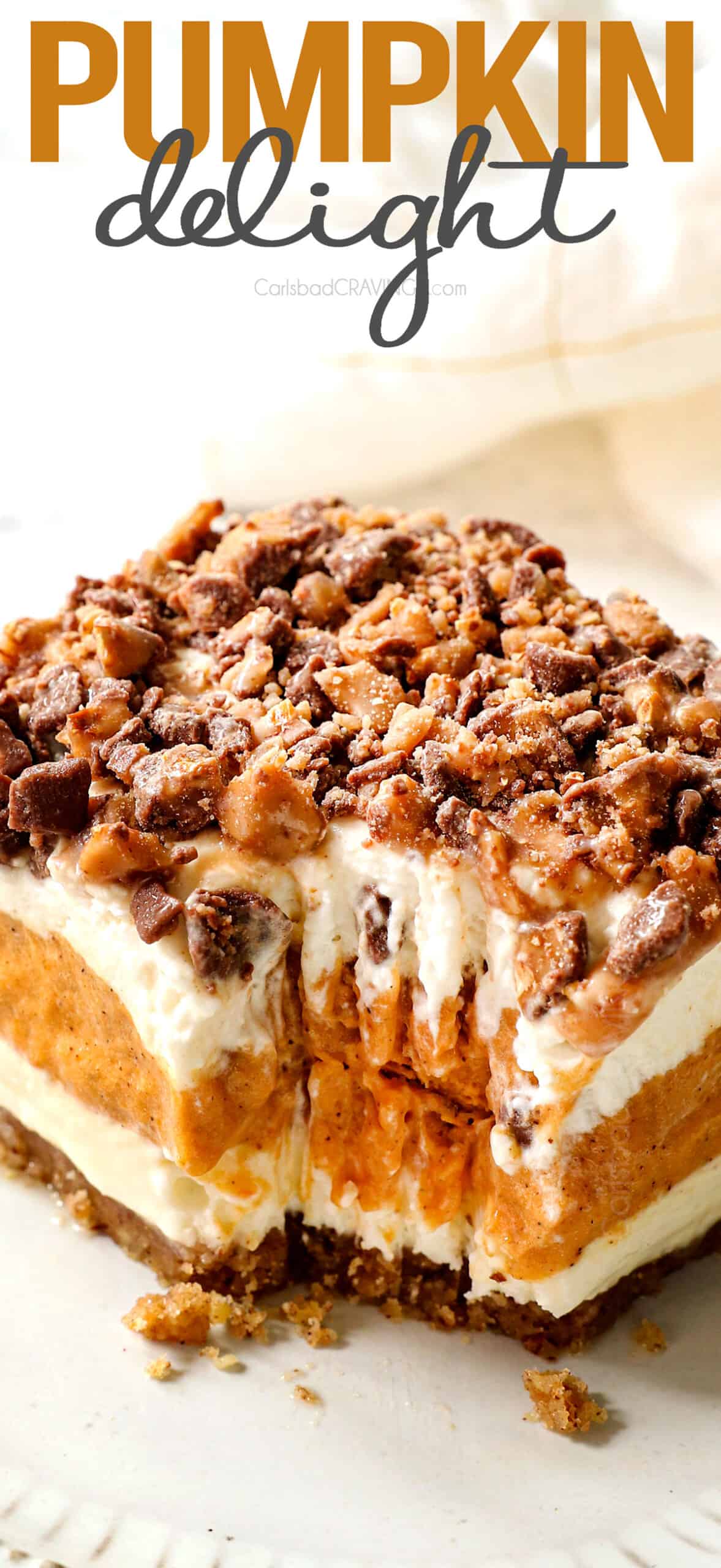 pumpkin delight with a bite taken out of it showing how cream it is