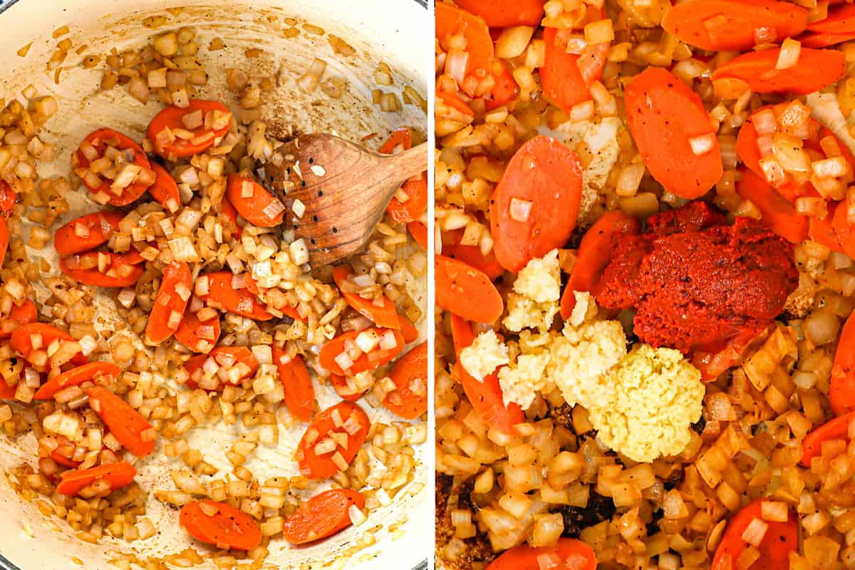 a collage showing how to make Thai coconut curry soup with chicken by sautéing onions and carrots then adding red curry paste, ginger and garlic