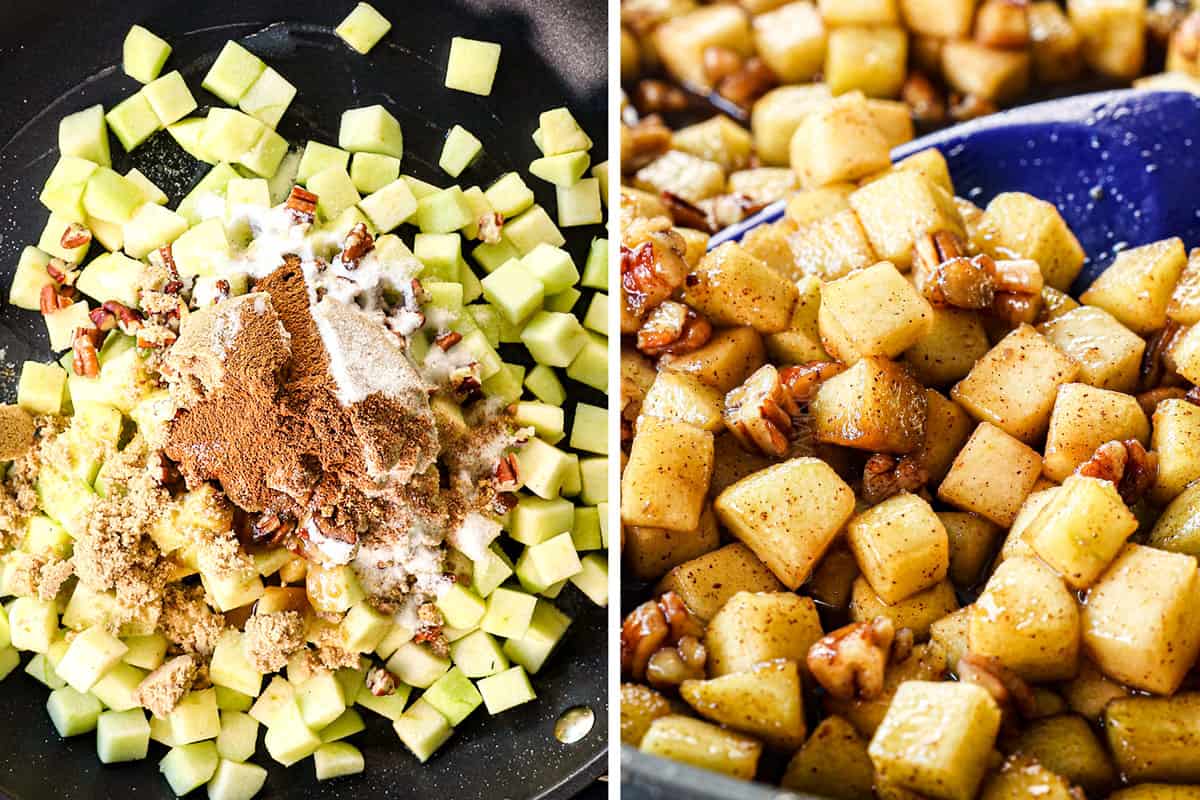 a collage showing how to make apple cheesecake recipe by adding apples, brown sugar, cinnamon and butter to a saucepan and then cooking until the apples are softened