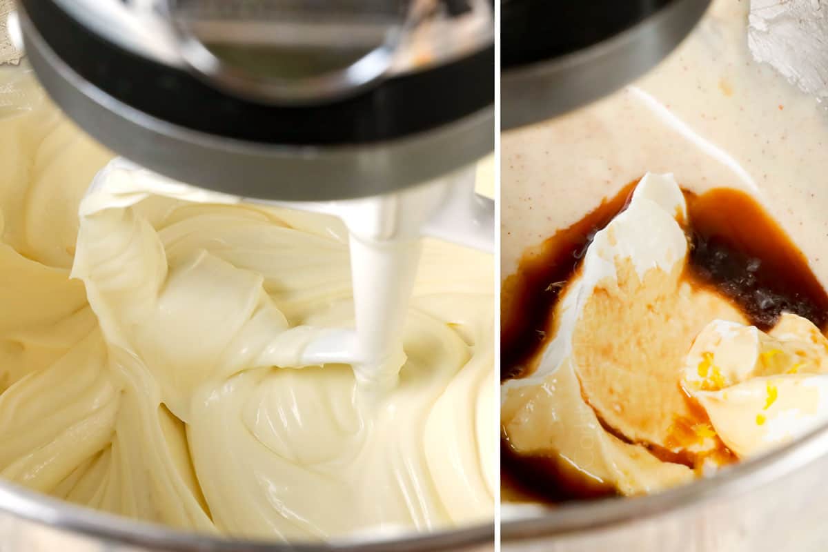 showing how to make caramel apple cheesecake by creaming the cream cheese and sugar, then adding the sour cream and eggs