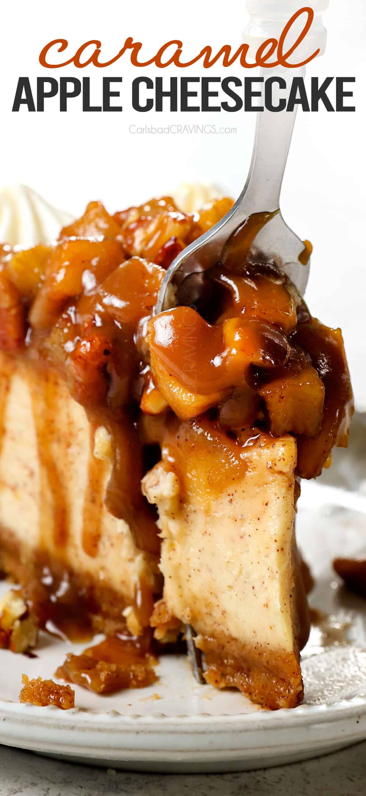 up close of taking a bite out of caramel apple cheesecake showing the caramel apples
