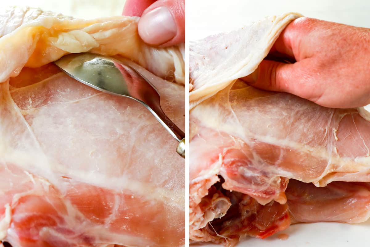 showing how to make roast turkey breast by loosening the turkey skin with a spoon and then a hand