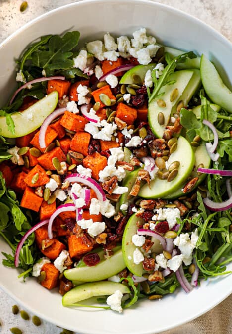top view of sweet potato salad with roasted sweet potatoes