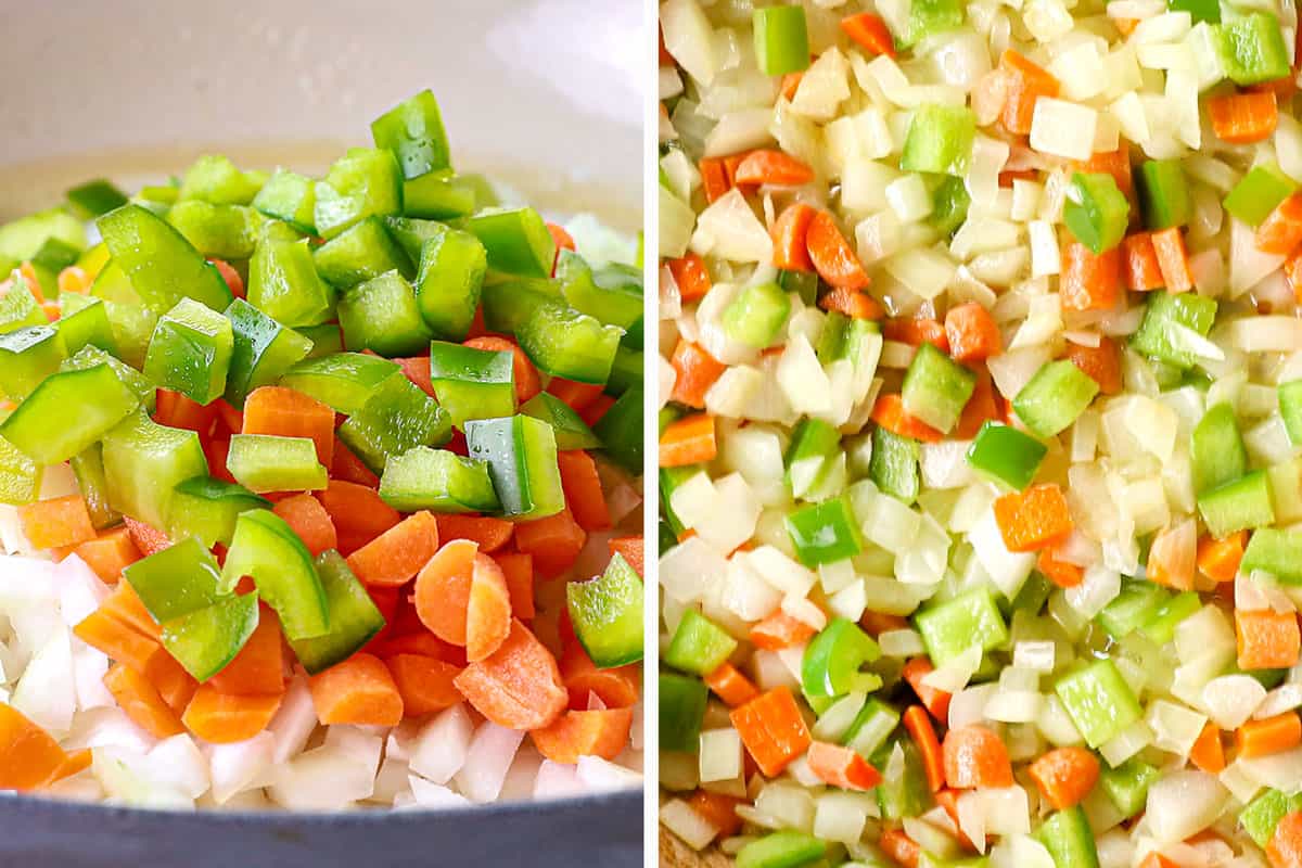 a collage showing how to make turkey shepherd's pie by sautéing onions, garlic, carrots, and bell peppers