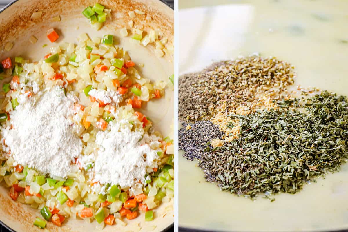 a collage showing how to make turkey shepherd's pie by adding flour, chicken broth, milk and seasonings
