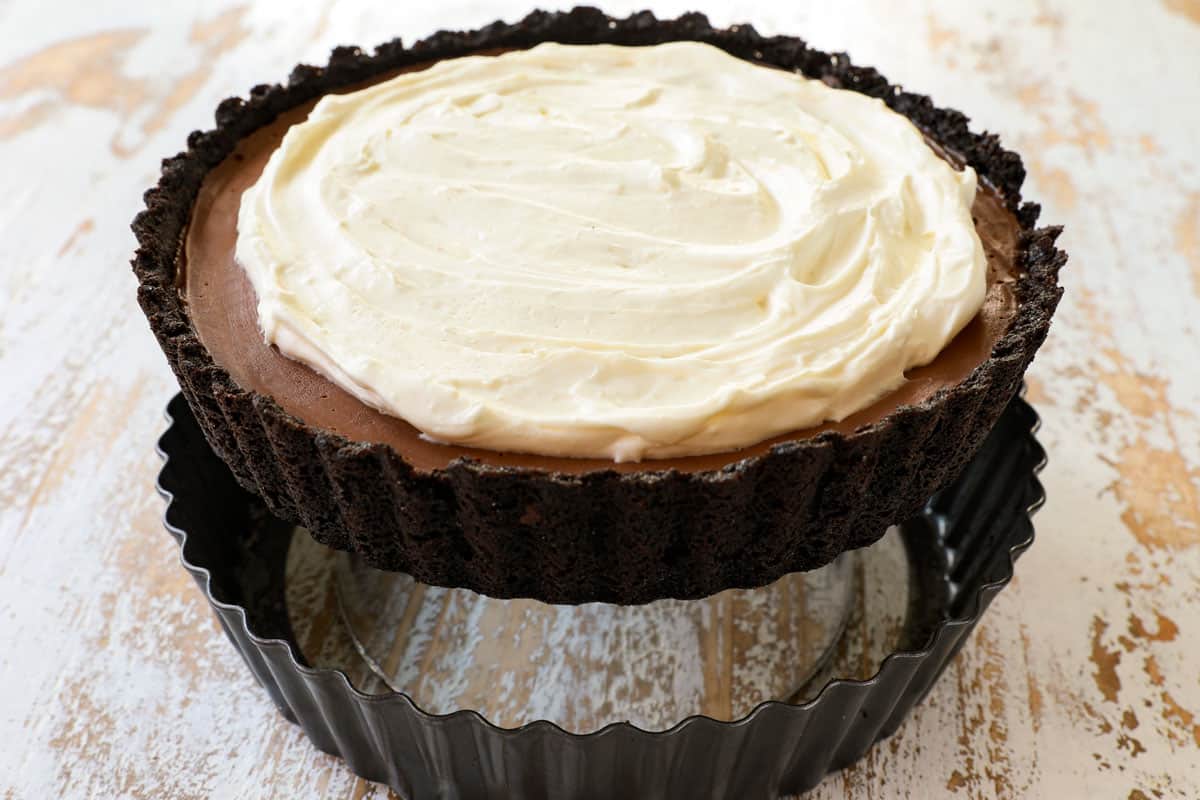 showing how to remove chocolate cream pie from a pan with a removable bottom