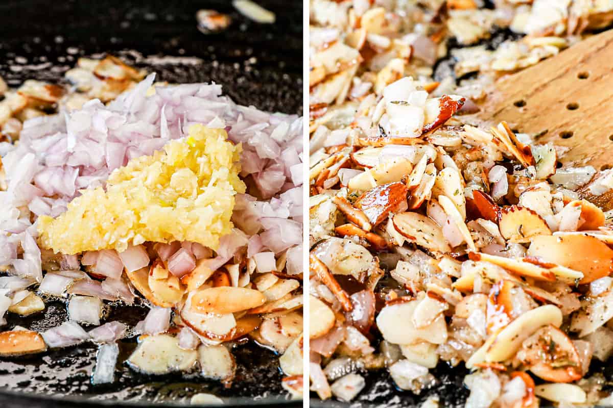 a collage showing how to make Green Beans Almondine by adding the garlic and shallots and sautéing with the almonds