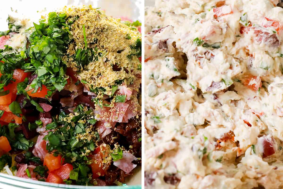 a collage showing how to make mini cheese balls by adding the cream cheese, tomatoes and herbs to a bowl and mixing to combine